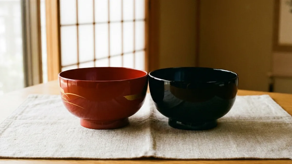 夫婦の絆を表すように朱色と黒のペアの漆器の飯椀