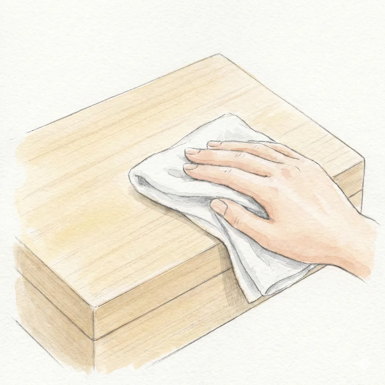 柔らかい乾いた布で、桐箱の表面のホコリを優しく拭き取っている手元のイラスト