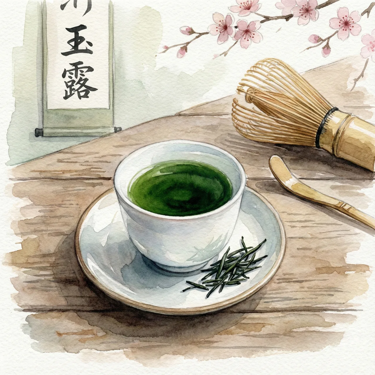 数滴の雫のように濃厚な緑色の玉露と高級な茶器のイラスト