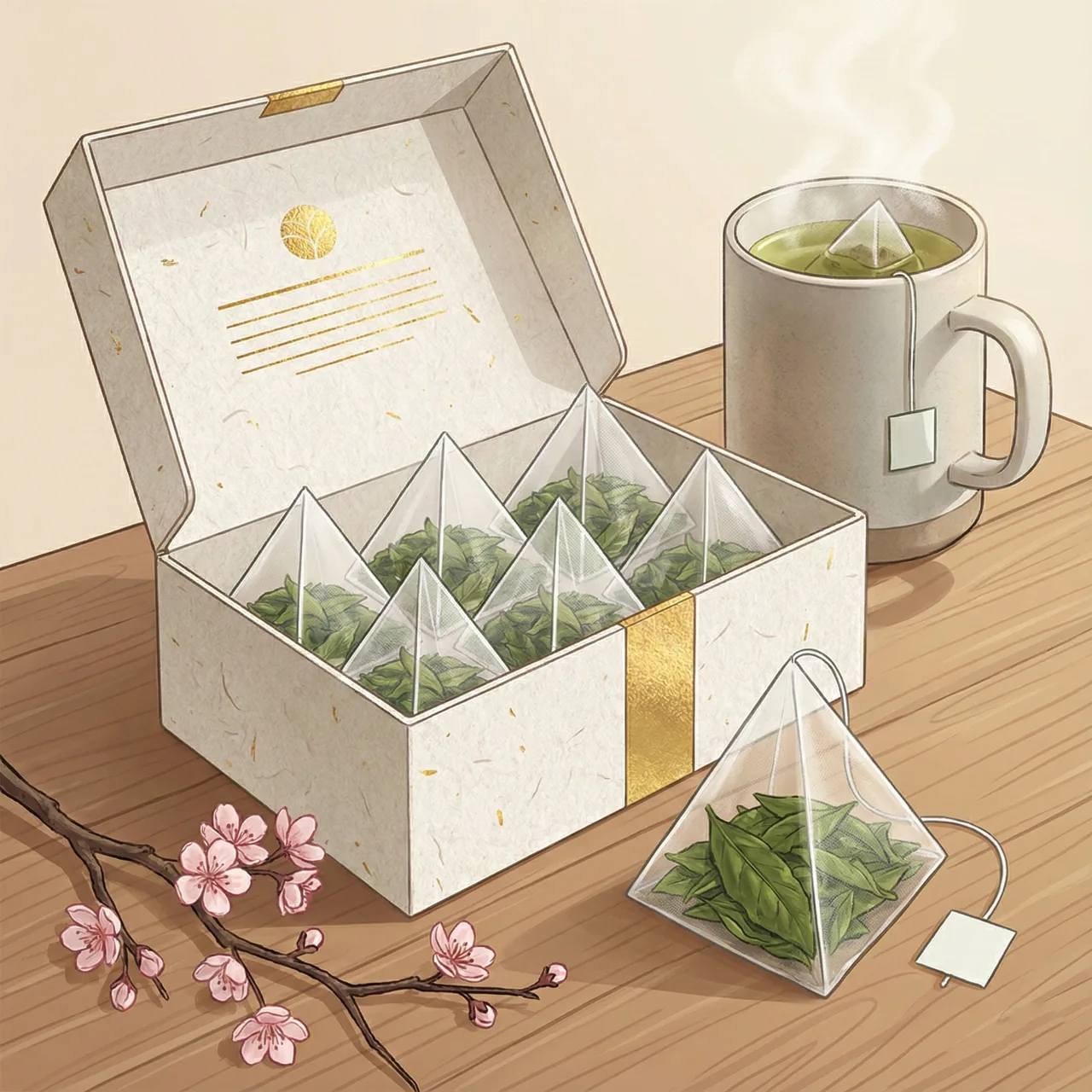 高級感のあるパッケージに入ったテトラ型ティーバッグのイラスト
