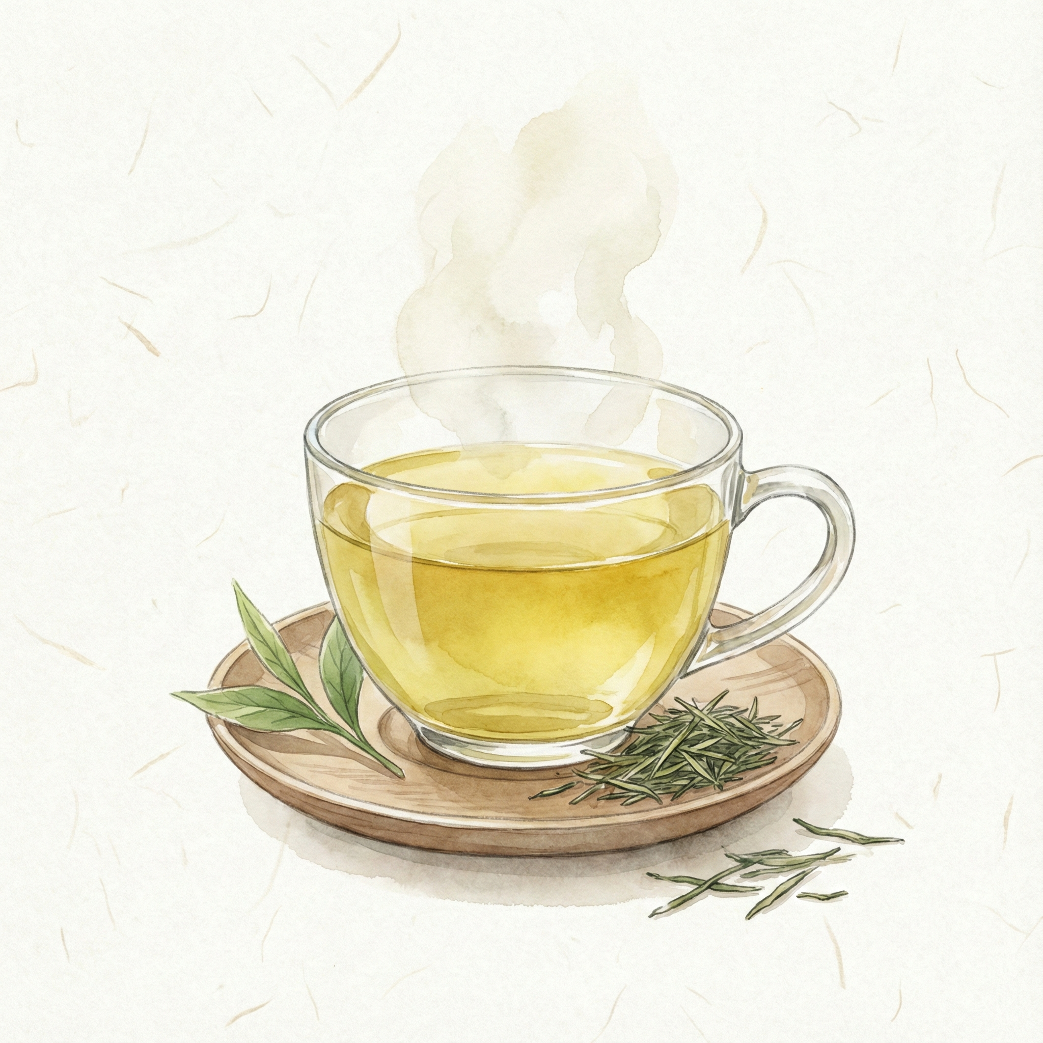 透き通った黄金色の宇治茶と茶葉のイメージイラスト