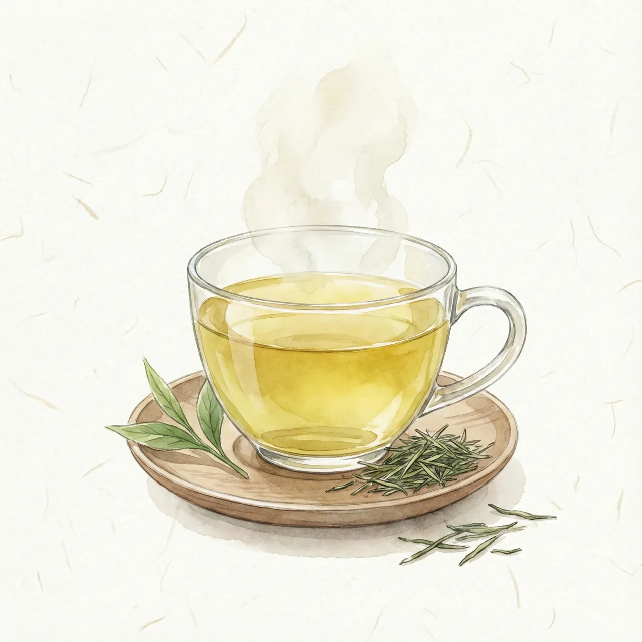 透き通った黄金色の宇治茶と茶葉のイメージイラスト