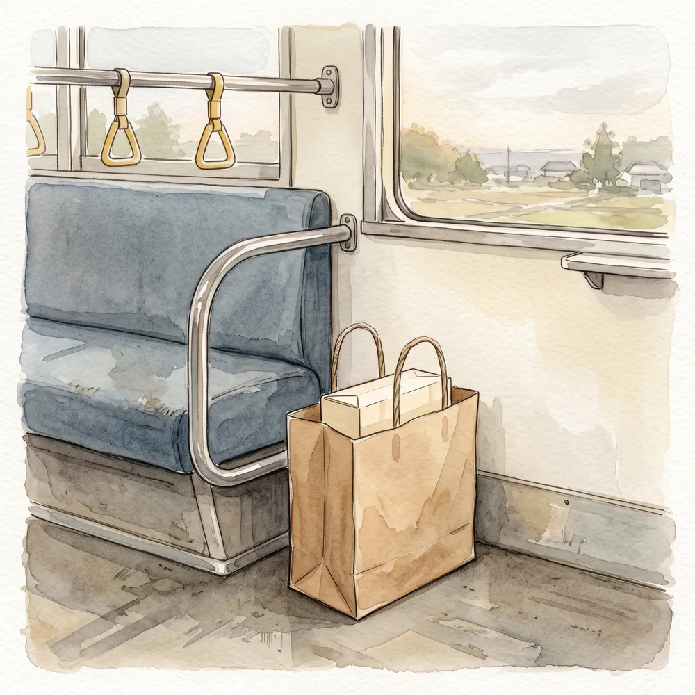 紙袋に入れた菓子折りを電車の座席の脇に置いている様子を描いた水彩イラスト