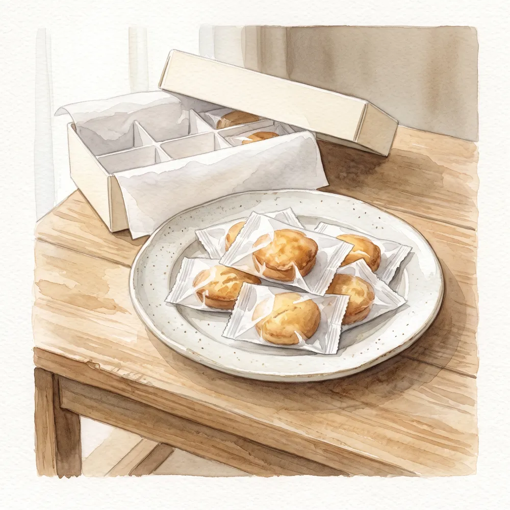 個包装の焼き菓子を箱から出して器に並べた水彩イラスト