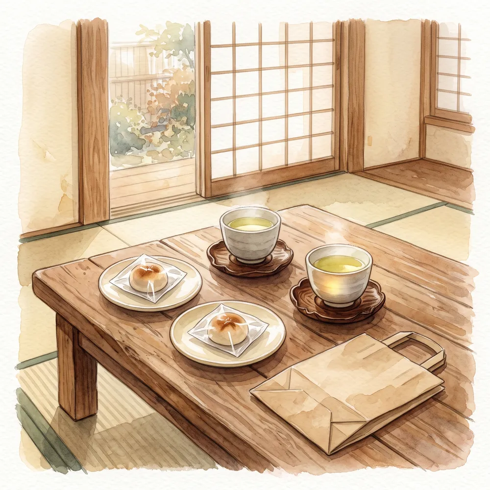 座卓に茶托の湯呑みと、銘々皿に個包装のまま置かれた菓子を描いた水彩イラスト