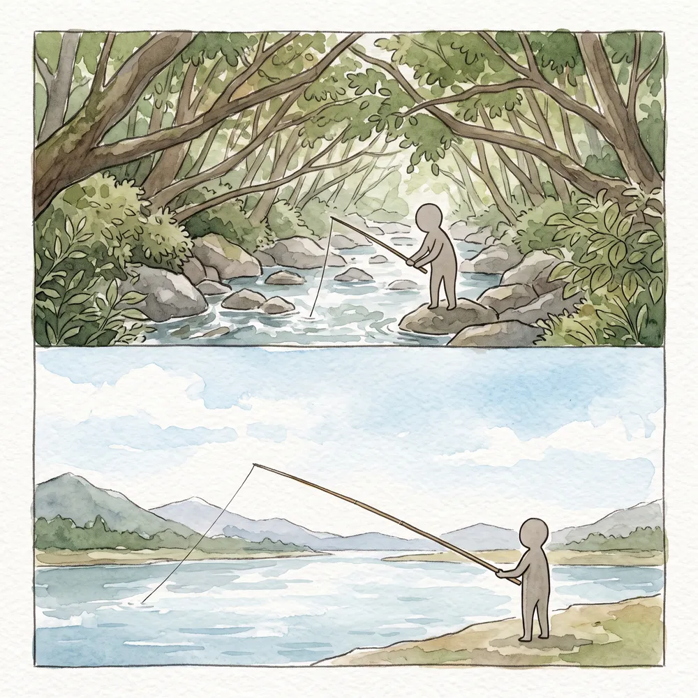 木が張り出した狭い渓流と開けた本流で、短い竿と長い竿の使い分けを示したイラスト