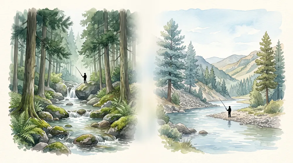 日本の渓流と海外の川で、同じテンカラ竿が使われている様子を並べたイラスト