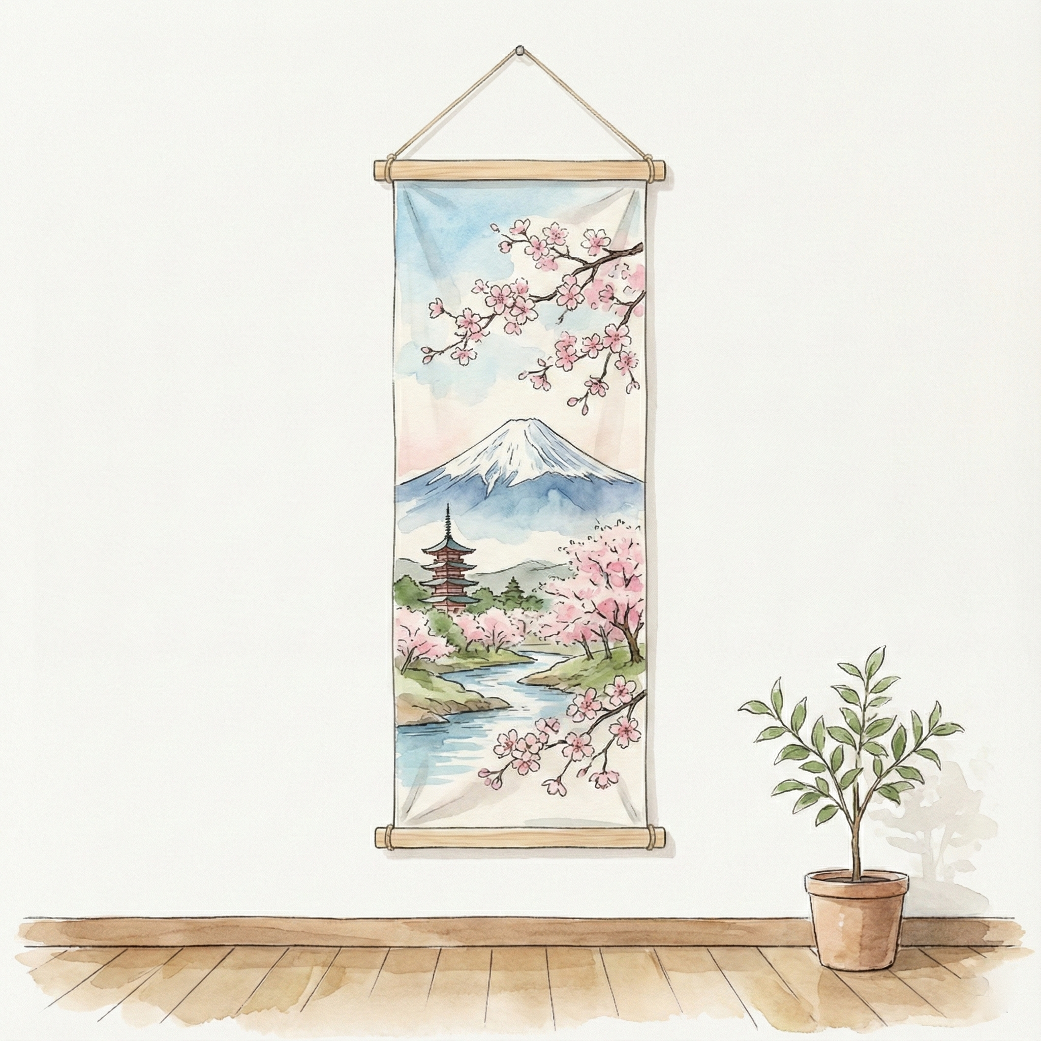 壁にタペストリーとして飾られた手ぬぐいのイメージイラスト