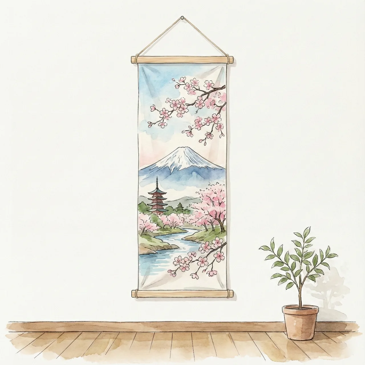 壁にタペストリーとして飾られた手ぬぐいのイメージイラスト