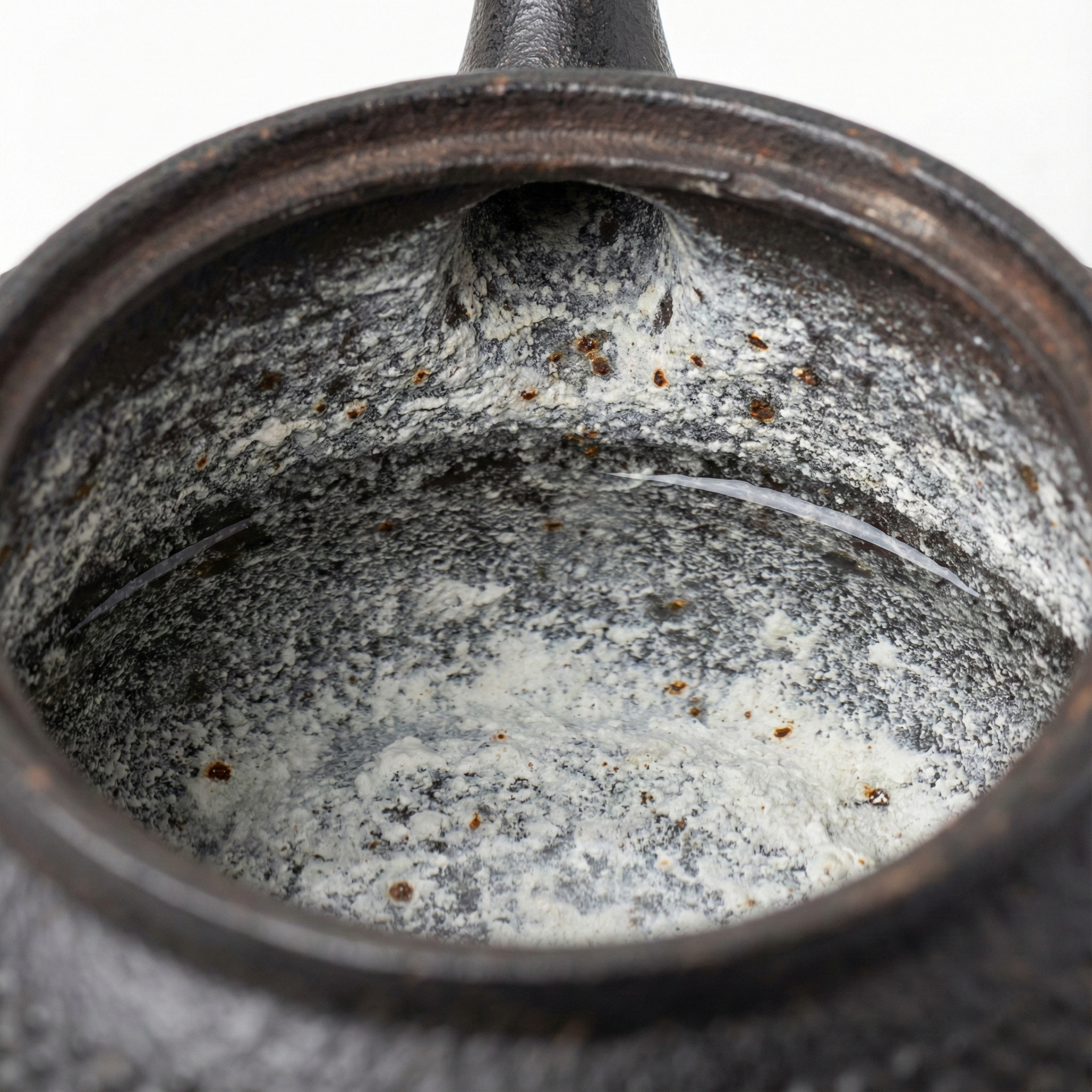 鉄瓶の内側に付着した白い湯垢と赤い斑点の様子のイラスト。お湯は透明。