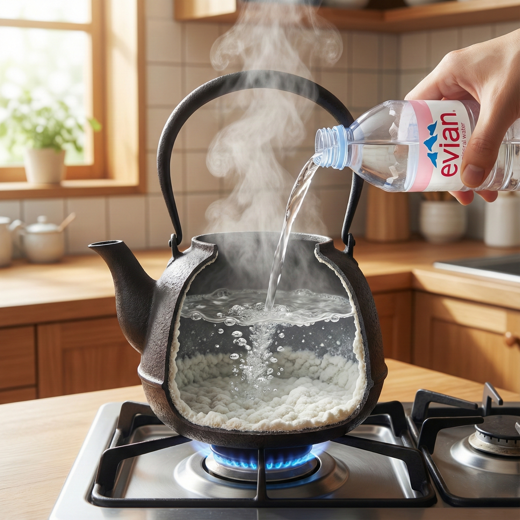 硬水のミネラルウォーターを注ぎ、湯垢を育てている鉄瓶の断面図イラスト