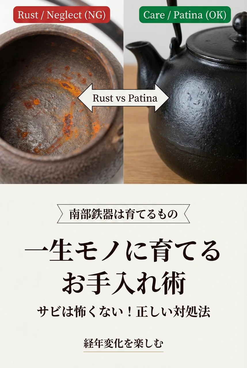 使い込まれて艶の出た鉄瓶で沸かしたお湯でお茶を楽しんでいる落ち着いた空間