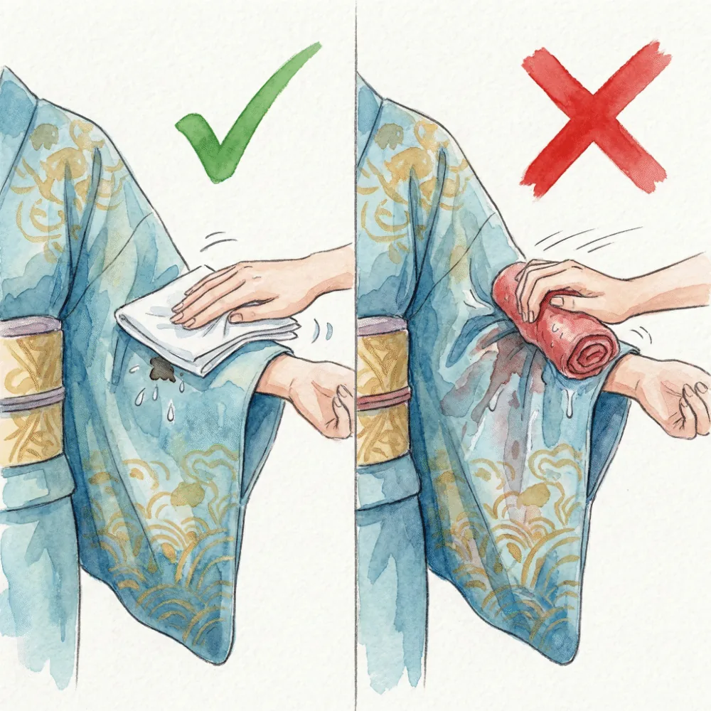着物にシミがついた時の応急処置。乾いた布で優しく叩いて汚れを移しているイラスト