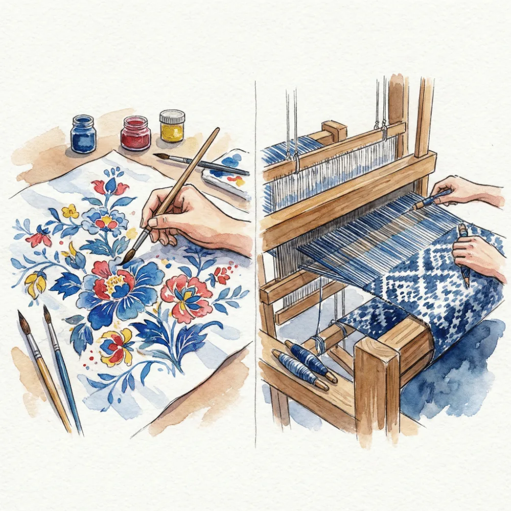 白い生地に絵を描く「染め」と、色糸を組み合わせて柄を作る「織り」の工程比較イラスト