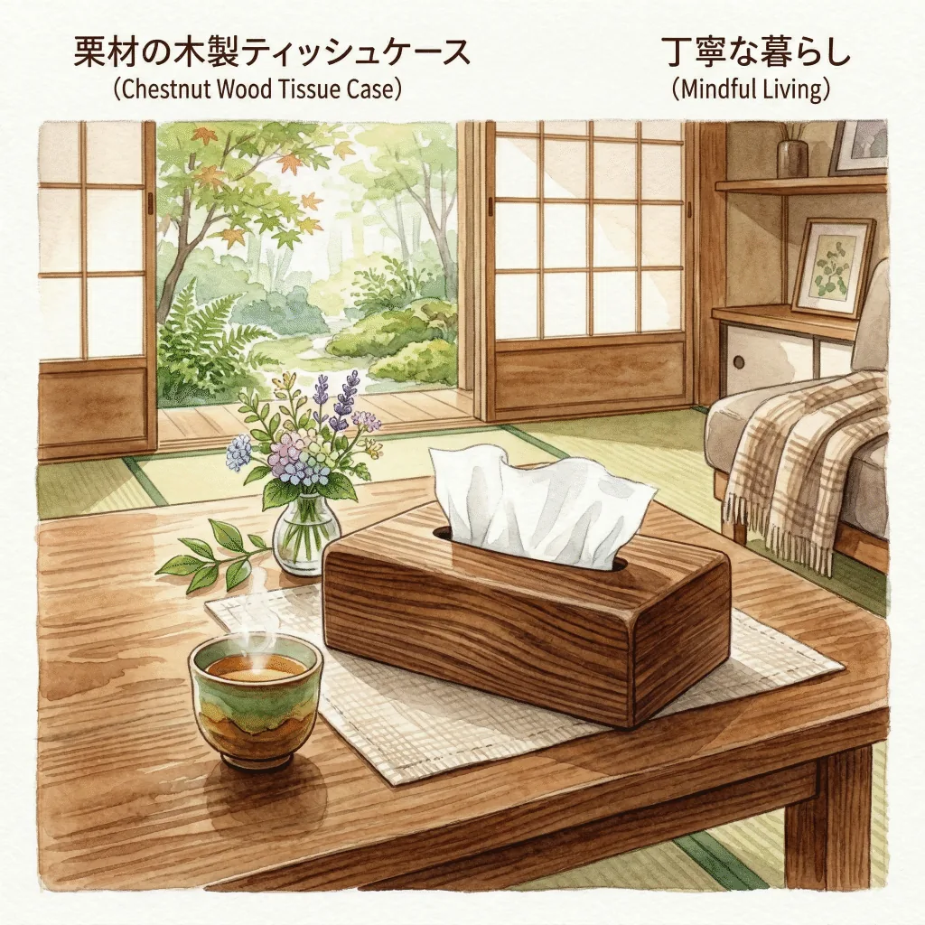 リビングのテーブルに置かれた栗材の木製ティッシュケースのイラスト