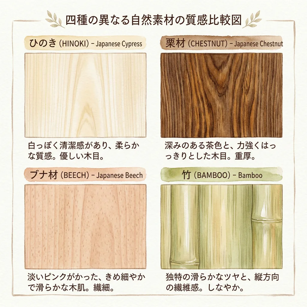 ひのき・栗材・ブナ材・竹の木目と質感を比較した素材解説イラスト