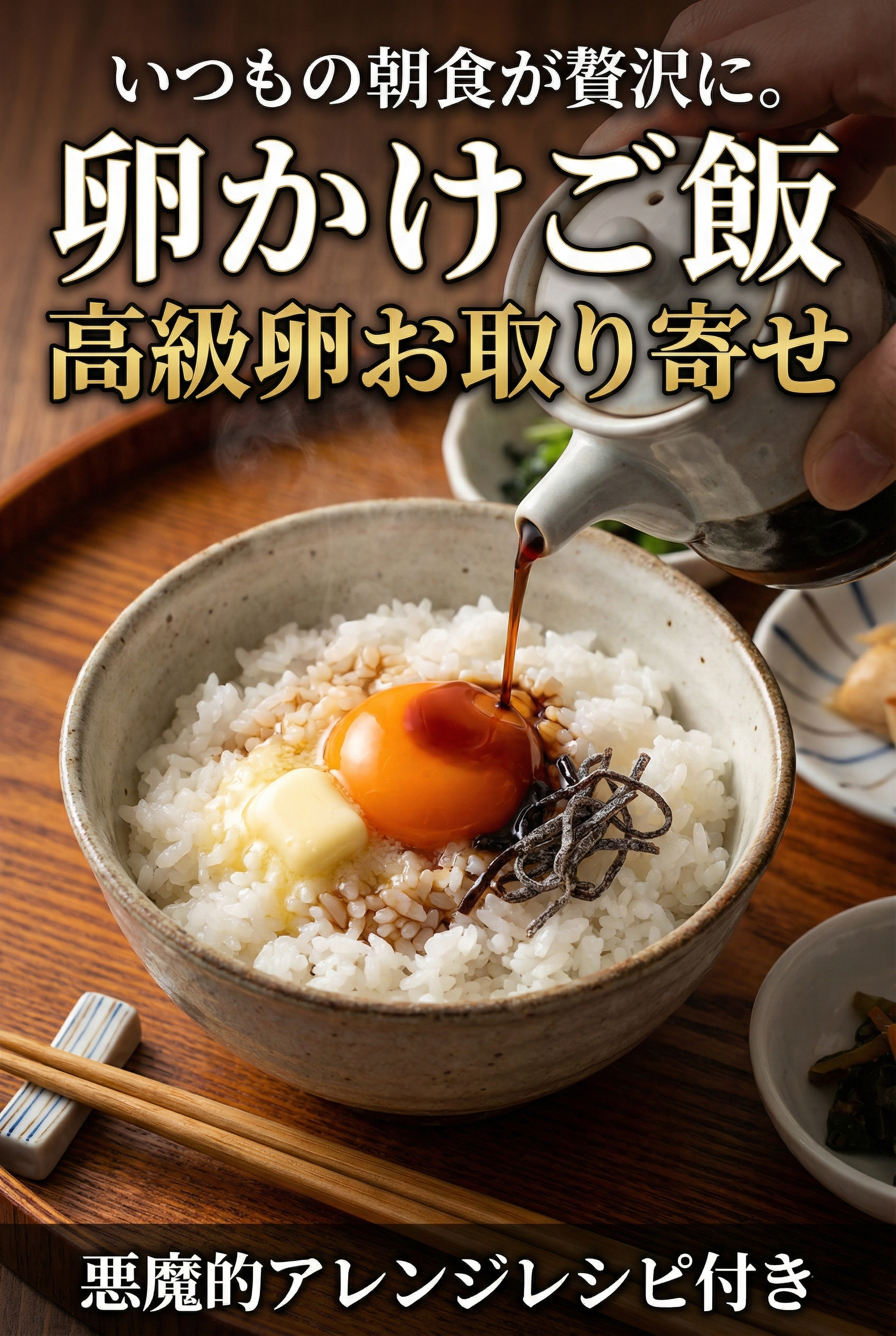 朝日を浴びる黄金色の卵かけご飯