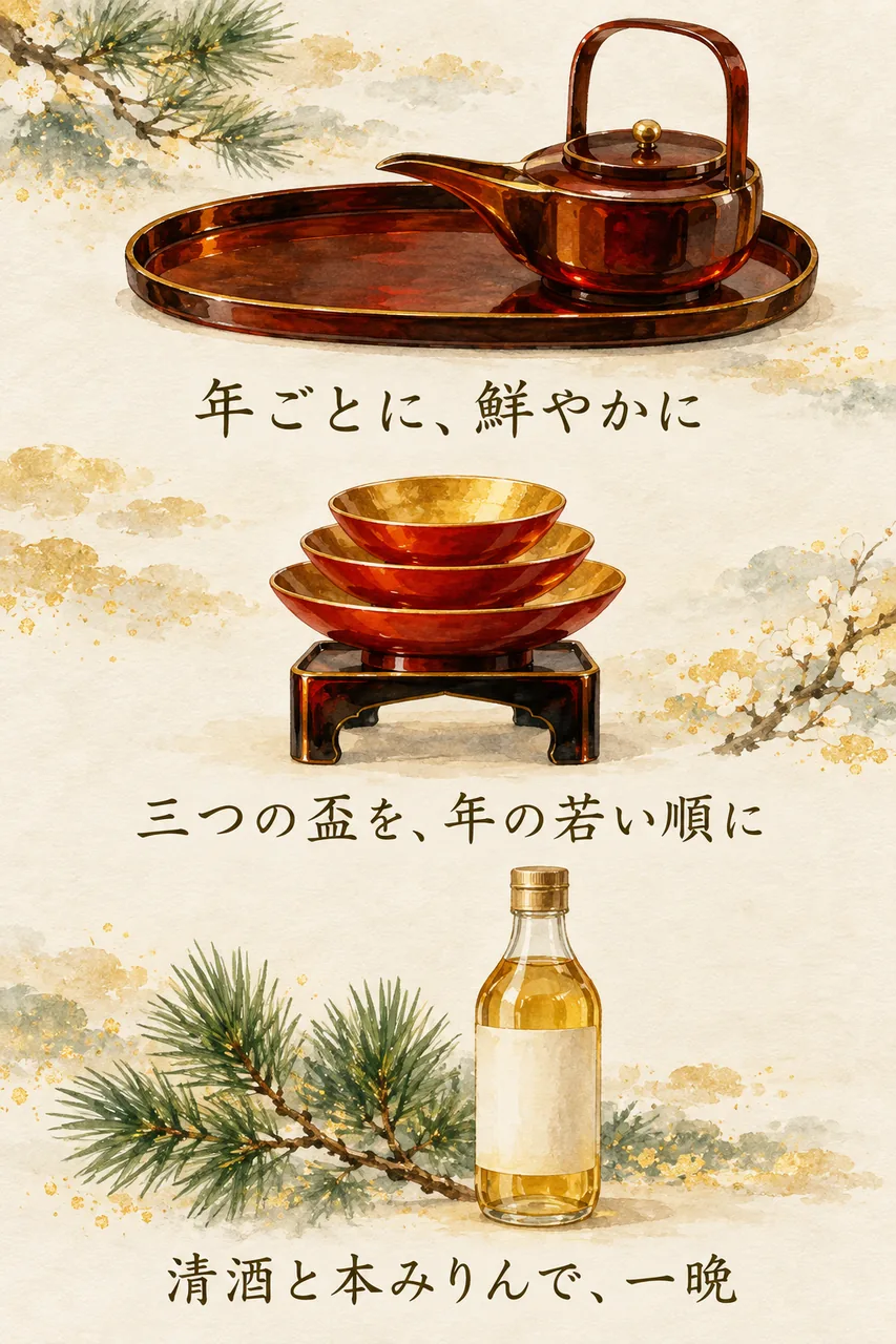 飴色の溜塗の屠蘇器、三つ重ねの朱の盃、本みりんの瓶を縦に並べた、お屠蘇のまとめイラスト