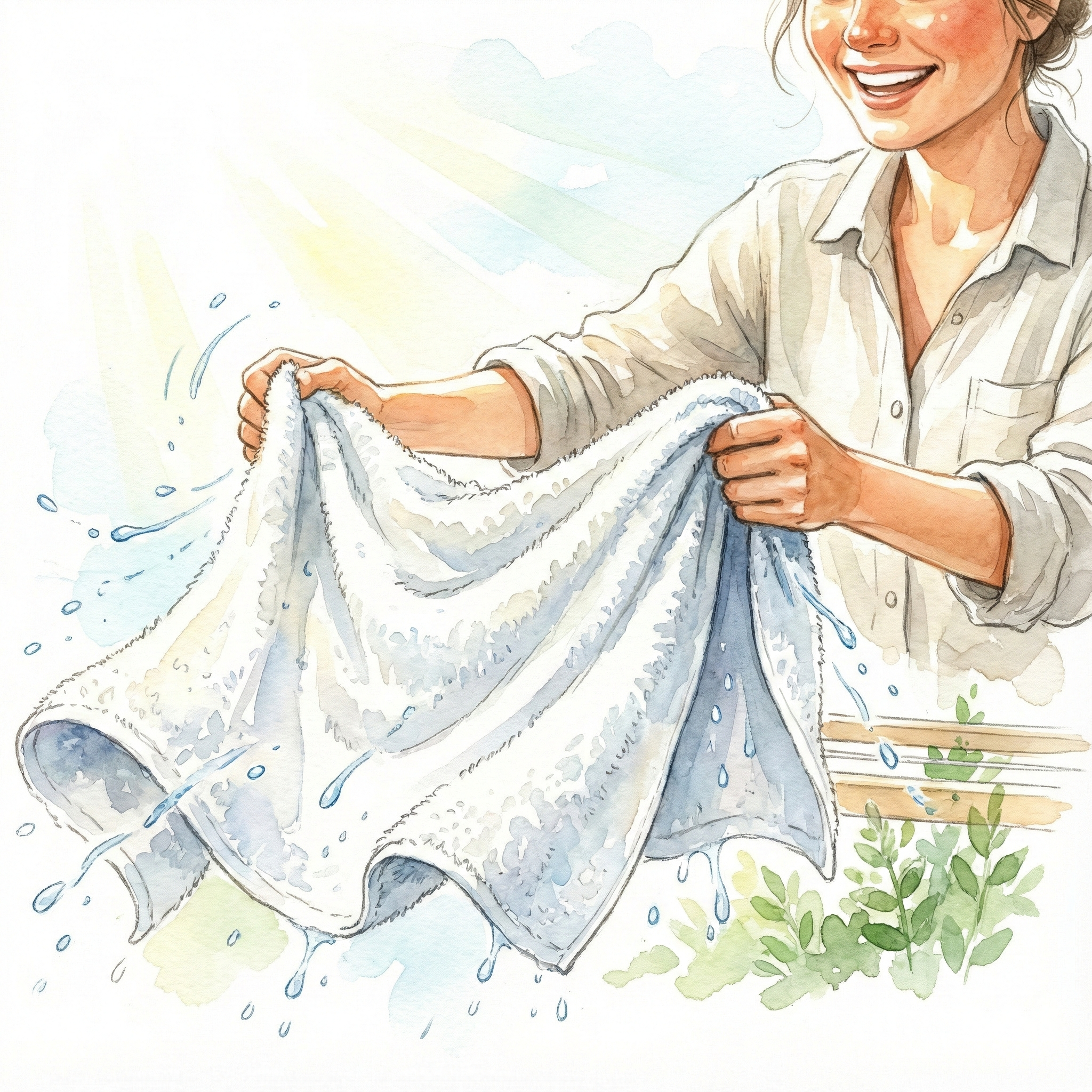 タオルを干す前にバサバサと振ってパイルを立たせているイラスト