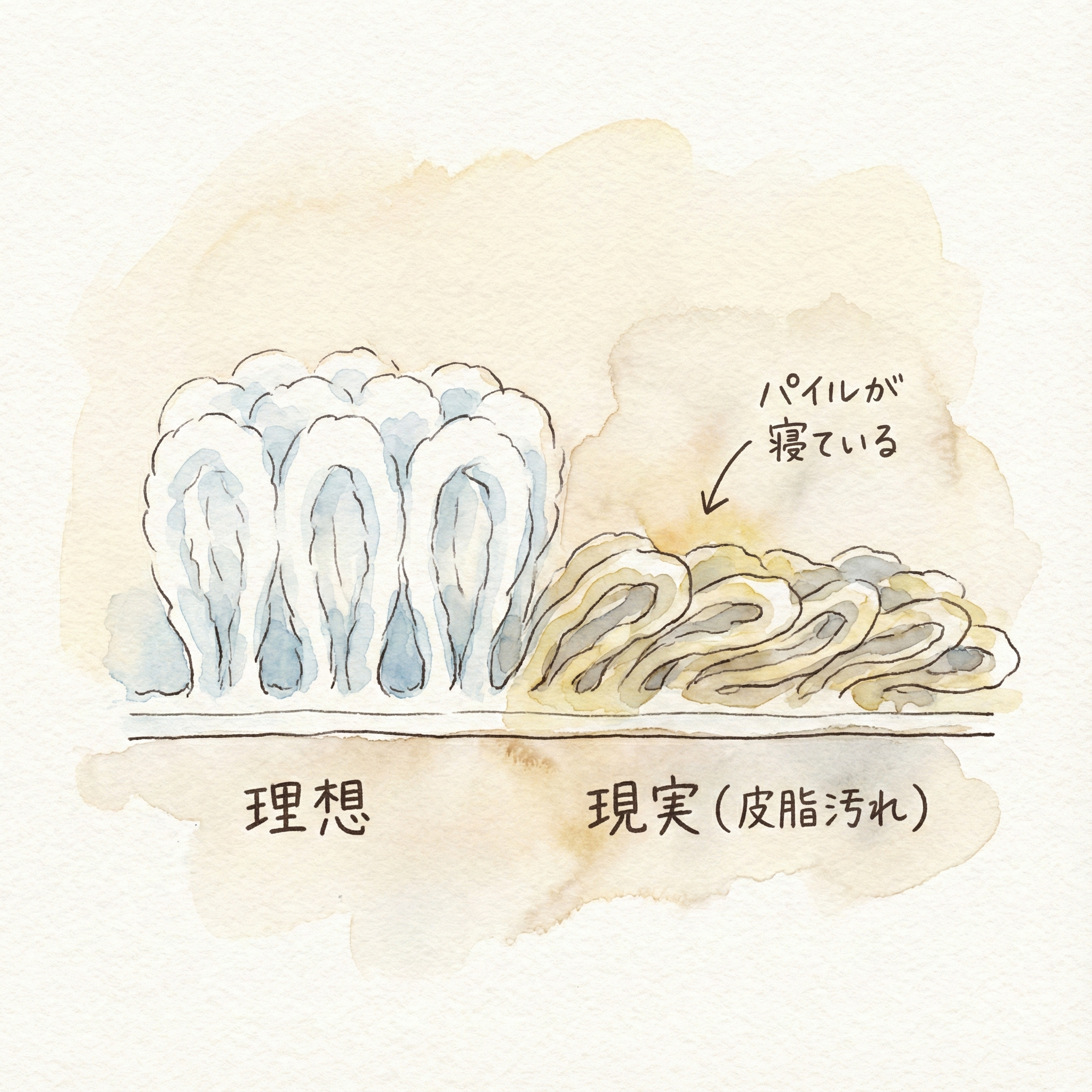 皮脂汚れが蓄積してタオルのパイルが寝てしまっている断面のイメージイラスト