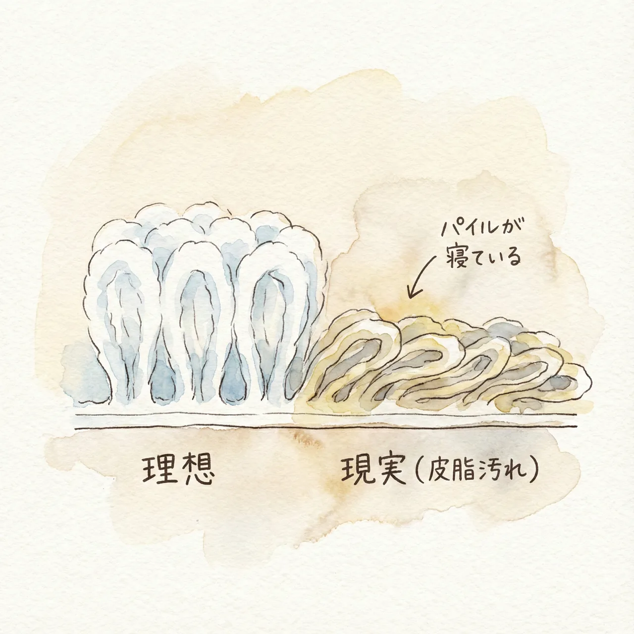 皮脂汚れが蓄積してタオルのパイルが寝てしまっている断面のイメージイラスト