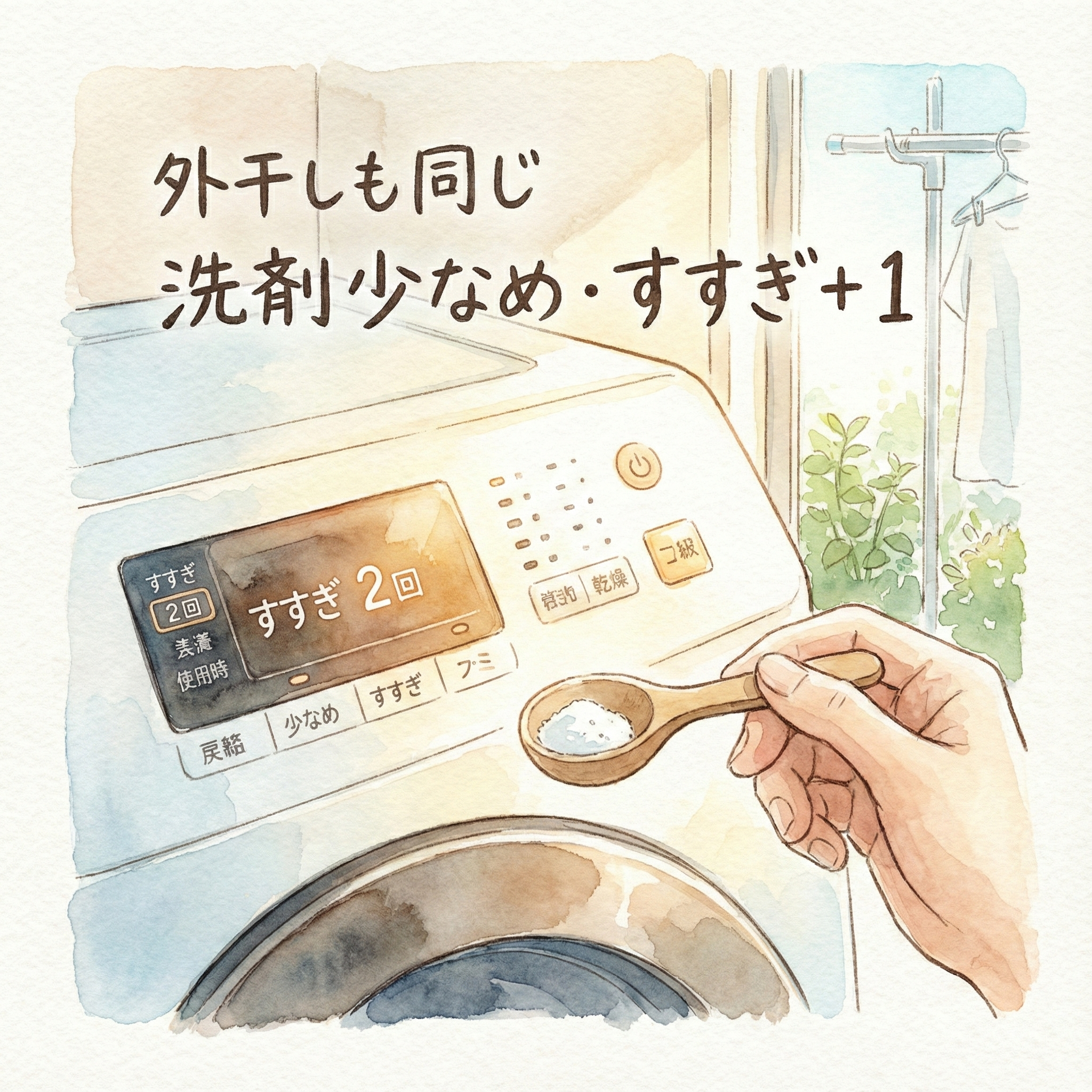外干しでも洗剤控えめとすすぎ追加を基本とするイメージイラスト