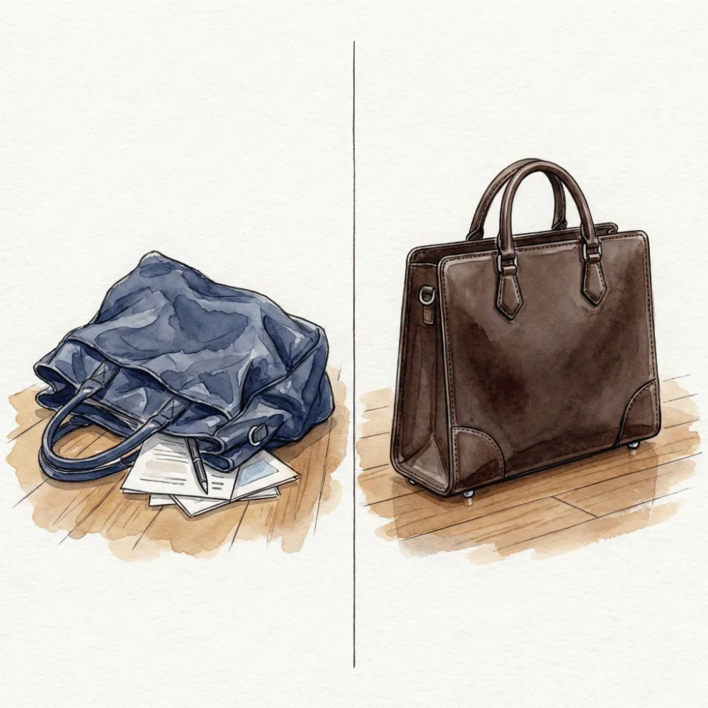 床に置いた時にクタッと倒れる鞄（左）と、底鋲でしっかりと自立している豊岡鞄（右）の比較イラスト