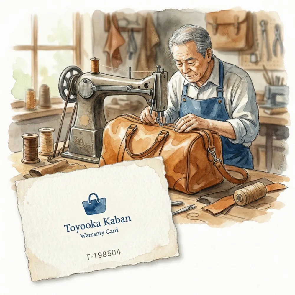 豊岡鞄の保証書（ギャランティカード）と、職人がミシンで鞄を修理している様子のイラスト