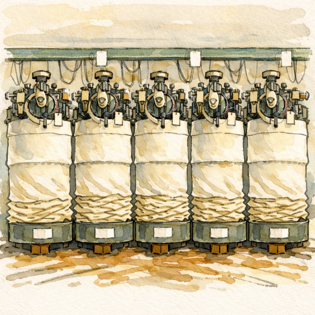 和歌山県の工場にある吊り編み機（ループウィール）と、空気を含んだ柔らかい生地のイラスト