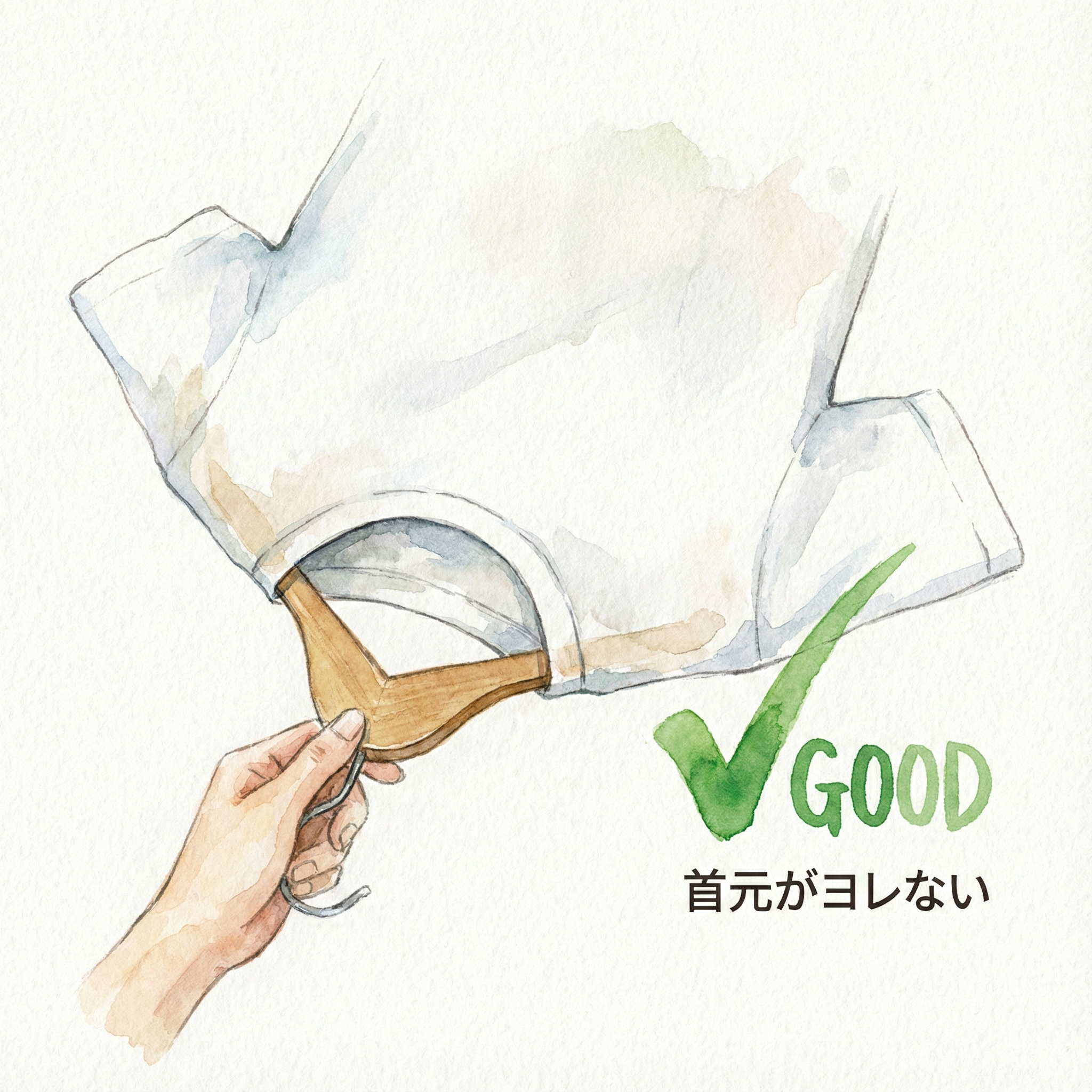 Tシャツの首元が伸びないように裾からハンガーを入れている正しい干し方のイラスト