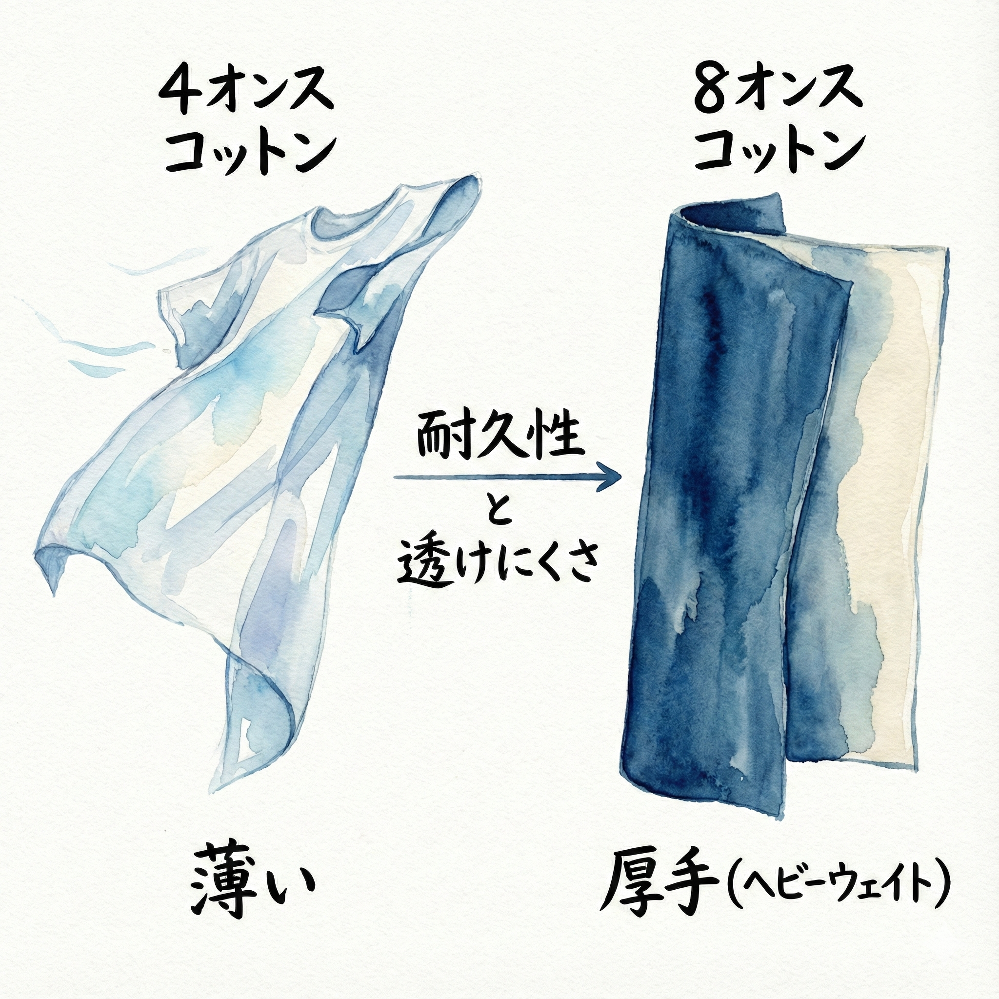 薄いTシャツ（透ける）と厚手のヘビーウェイトTシャツ（透けない）の比較イラスト