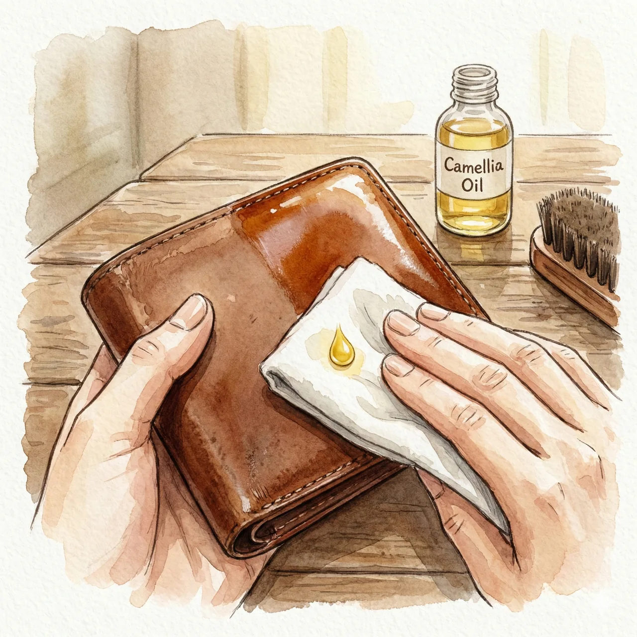 革のバッグや財布に椿油を塗って手入れしている様子のイラスト