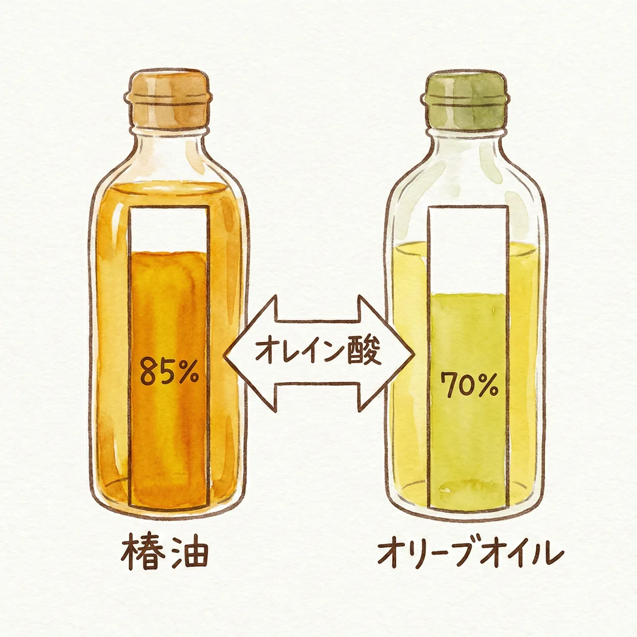 椿油とオリーブオイルのオレイン酸含有量を比較したグラフのイラスト