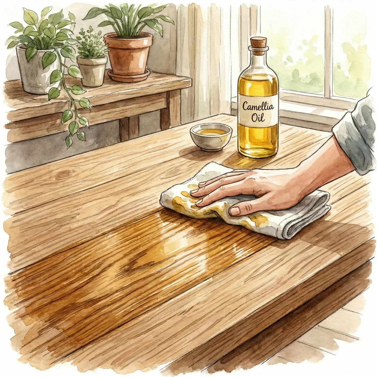 無垢材のテーブルに椿油を塗り込んで木目をケアしているイラスト