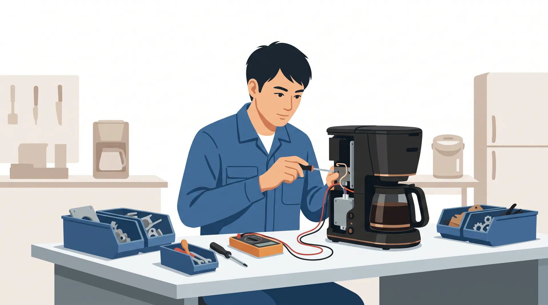 新潟の本社工場で専門スタッフが家電を丁寧に点検・修理し、長く使えるようサポートしているイメージのイラスト