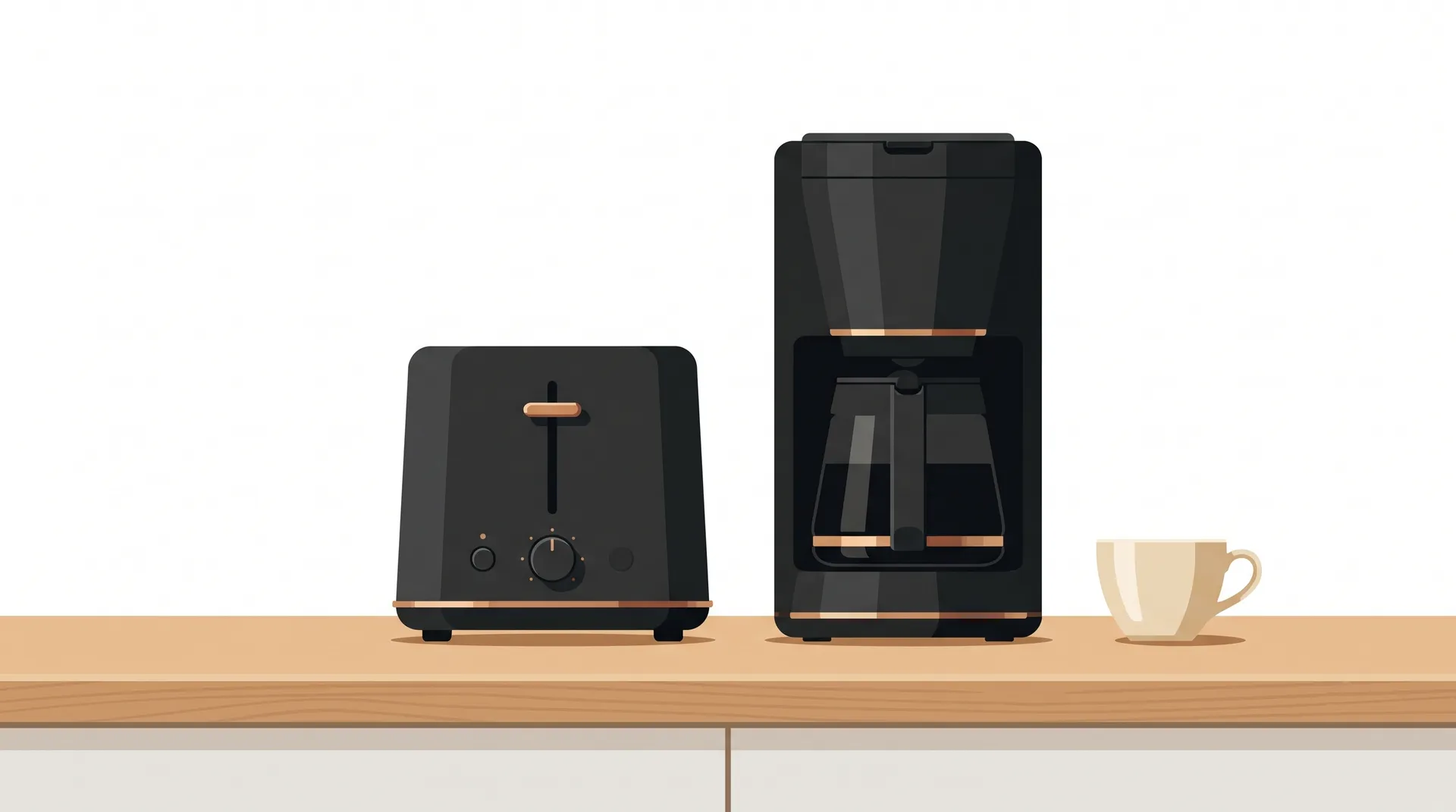 マットブラックを基調とした燕三条製のミニマルなコーヒーメーカーとトースターが、美しいキッチンに調和して置かれているイラスト