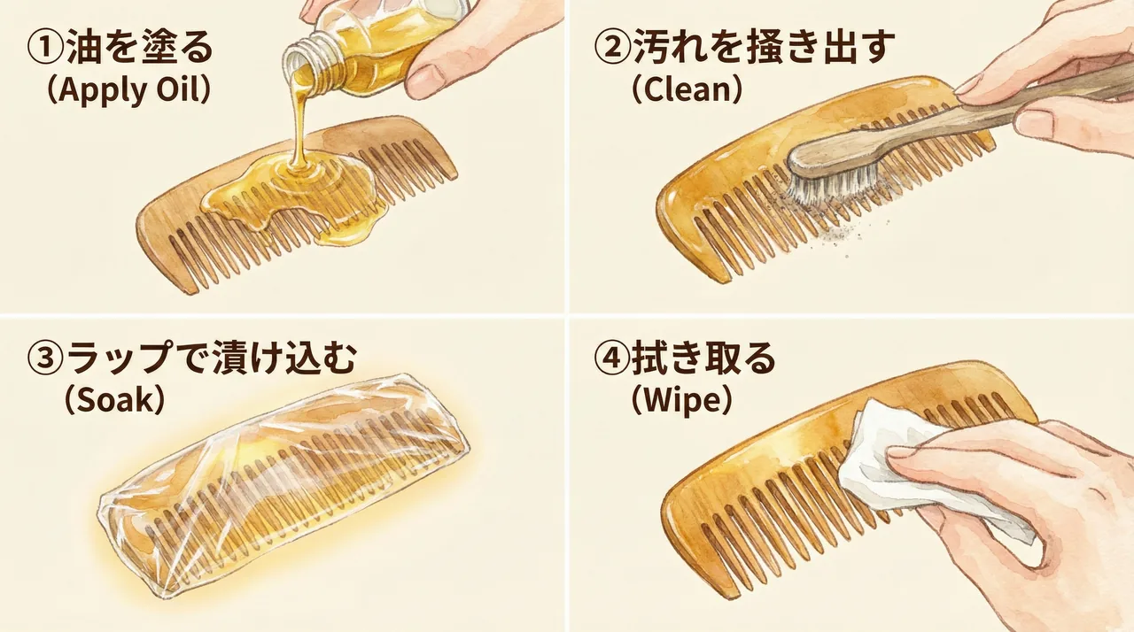 つげ櫛の手入れ手順：①椿油を塗る、②ブラシで掃除、③ラップで包んで油漬け、④拭き取って完了