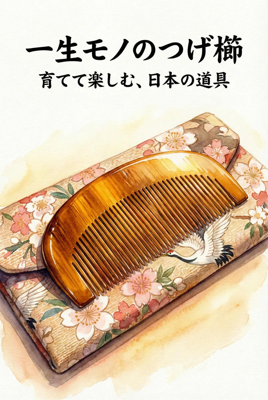 使い込まれて飴色に育ったつげ櫛と、ちりめんのケースの画像
