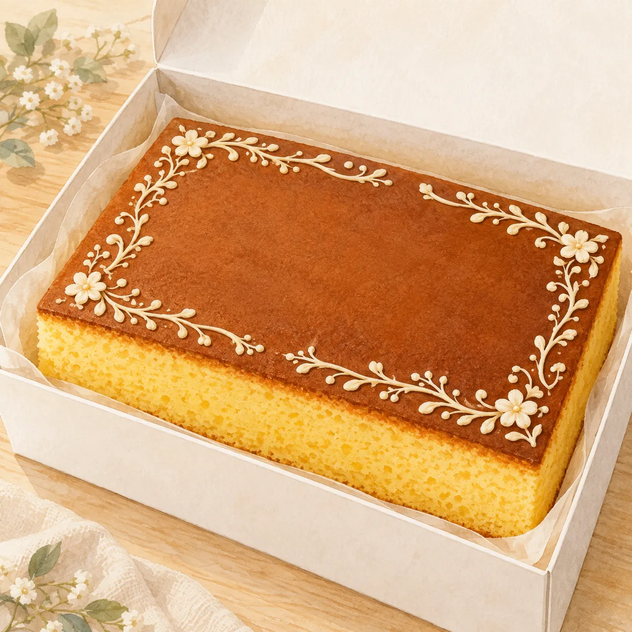 化粧箱に入ったカステラの表面に、白いチョコで手描きされた模様と名前のための余白がある水彩イラスト