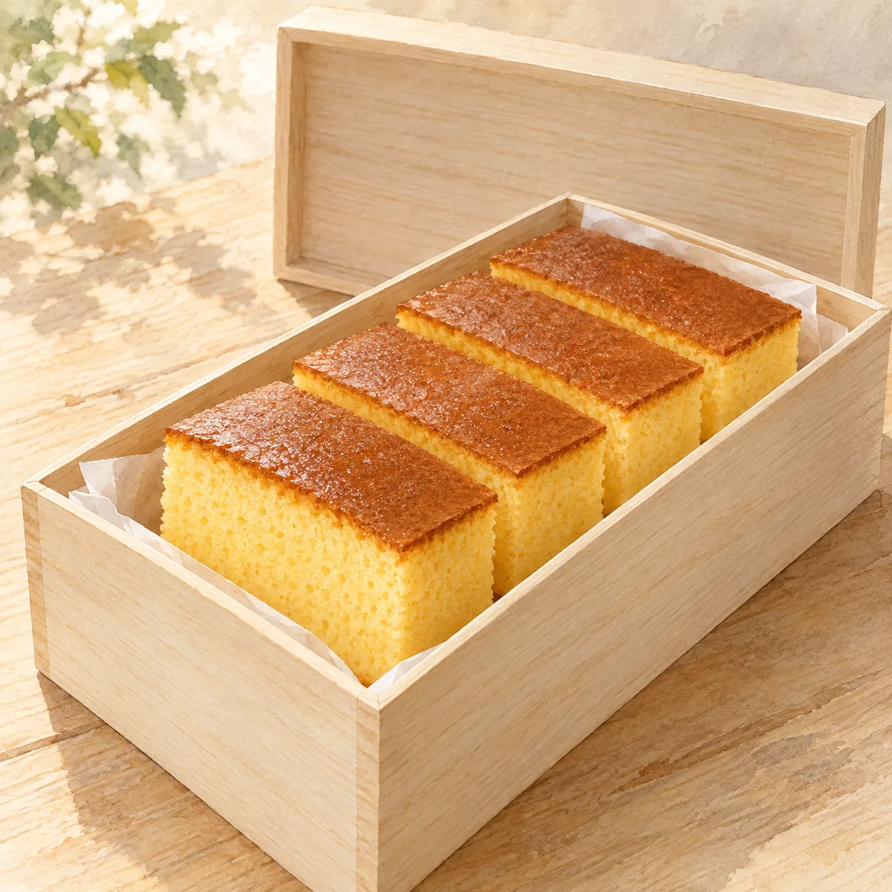 桐箱の中に、焼き色の濃いしっとりとしたカステラが切り分けられて収まっている水彩イラスト