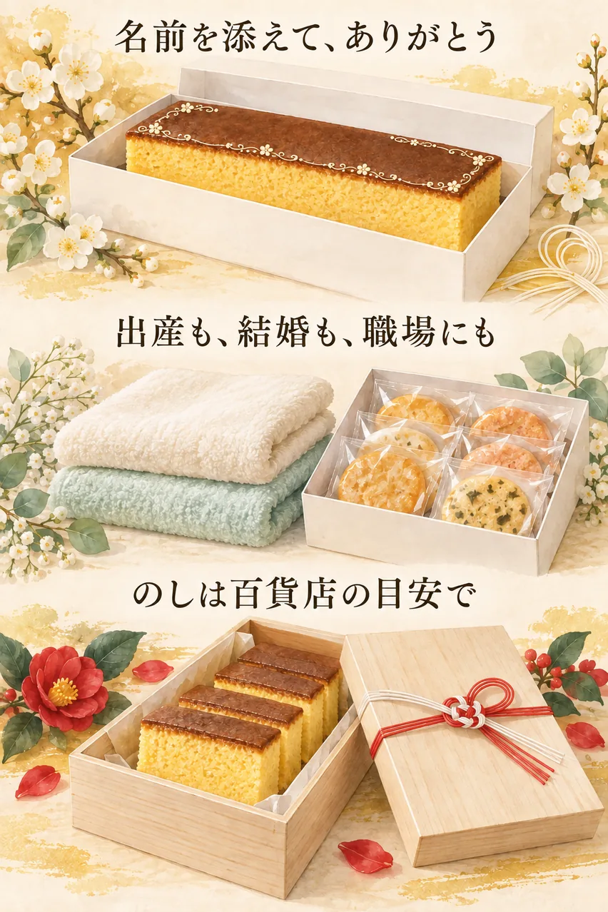 名入れのカステラ、たたんだタオル、個包装のおかきの箱、桐箱のカステラを縦に並べた、内祝いのまとめイラスト