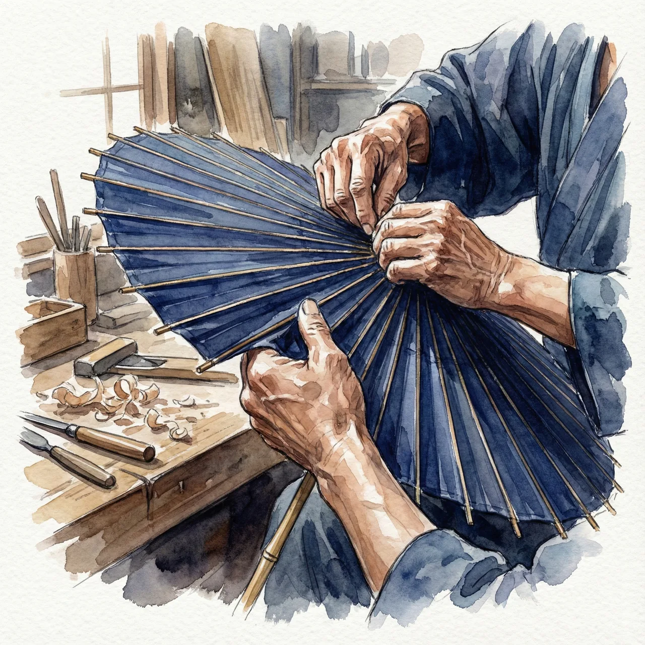日本の傘職人が木型を使って生地をピンと張っている作業風景のイラスト