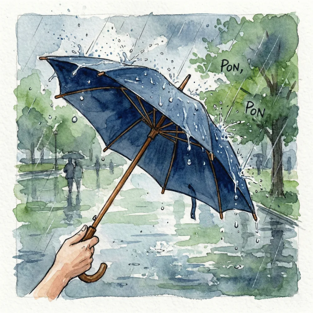 雨の中で高級傘をさしている様子。生地がピンと張って雨粒を弾き、心地よい音が響いているイメージイラスト