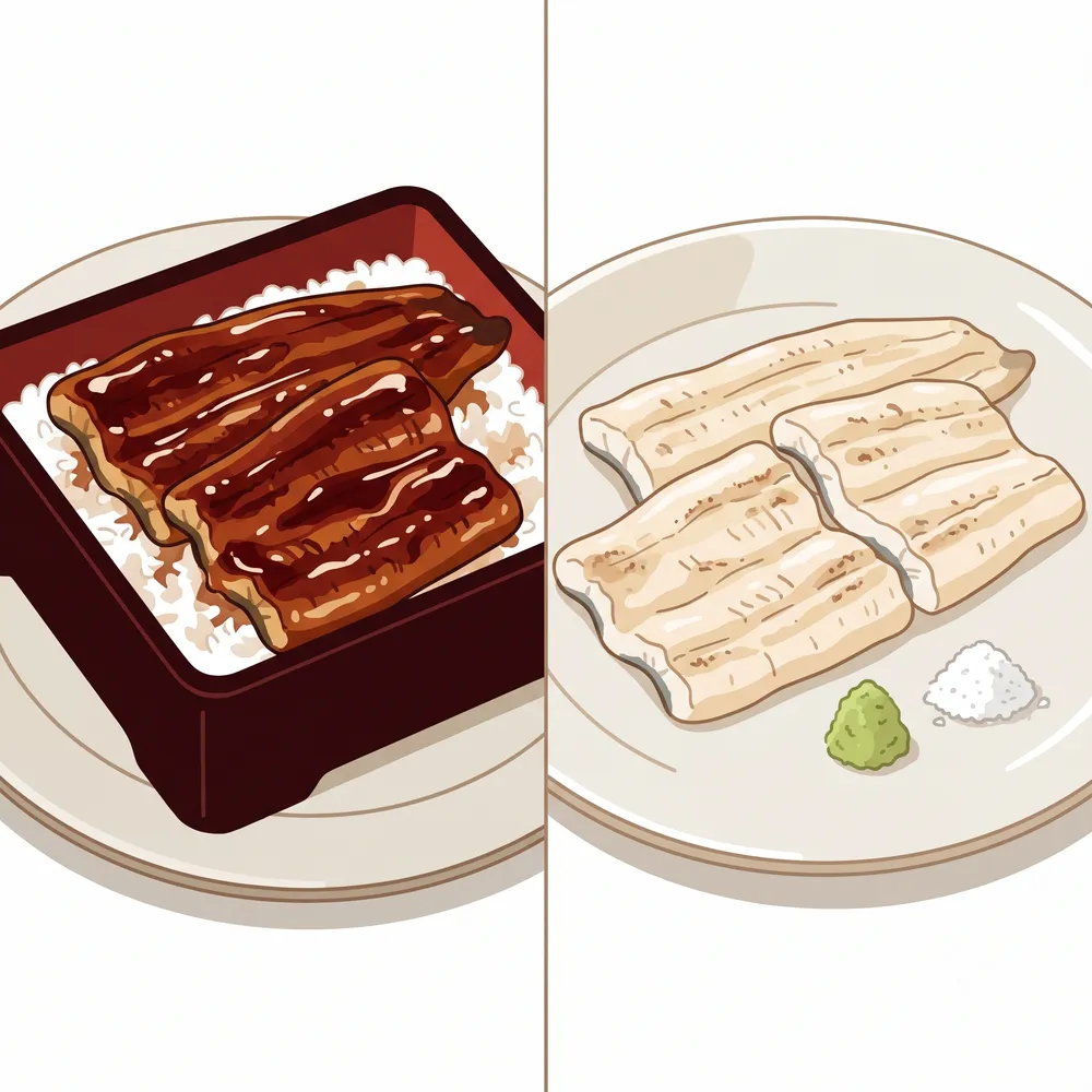 甘辛いタレを塗った蒲焼と、素焼きの白焼きを並べて比較したイラスト