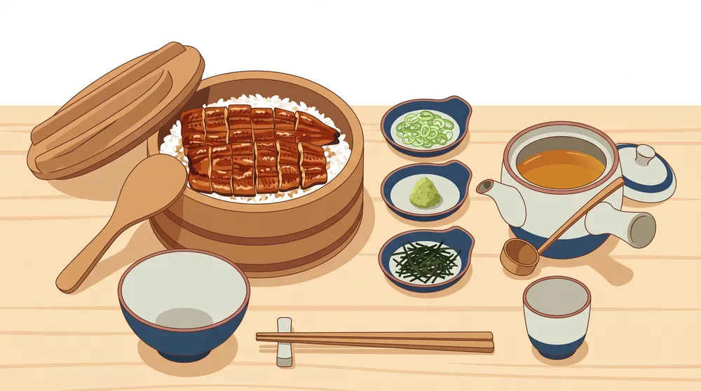 刻んだうなぎをご飯にのせ、薬味と出汁で楽しむひつまぶしのイラスト