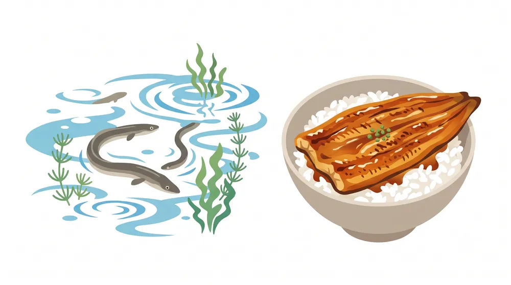 清らかな水で育てられた国産うなぎと、香ばしく焼き上げられた蒲焼のイメージイラスト