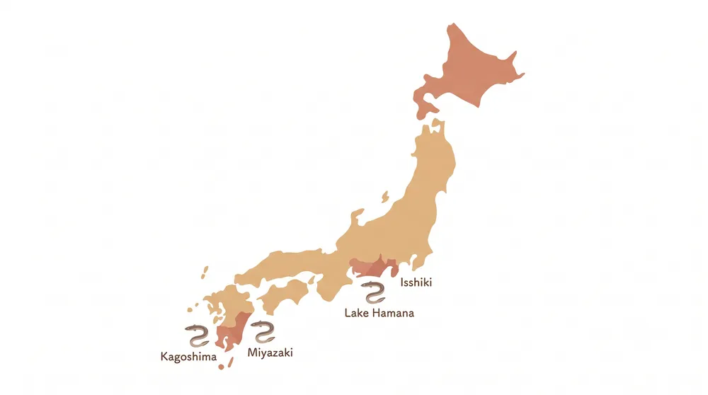 鹿児島・宮崎・静岡浜名湖・愛知三河一色など、日本のうなぎ名産地を示した地図イラスト