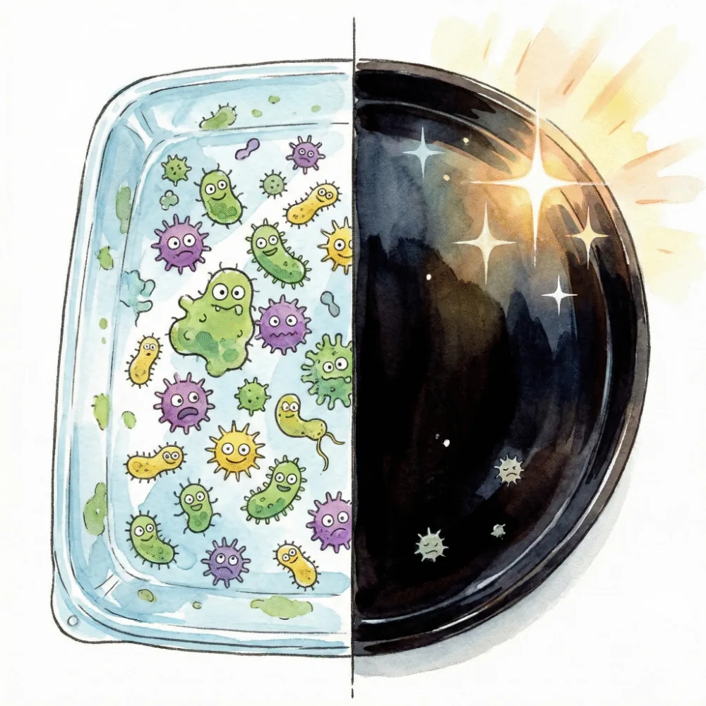 漆塗りのお椀とプラスチックのお椀での菌の繁殖の違いを比較したイメージイラスト