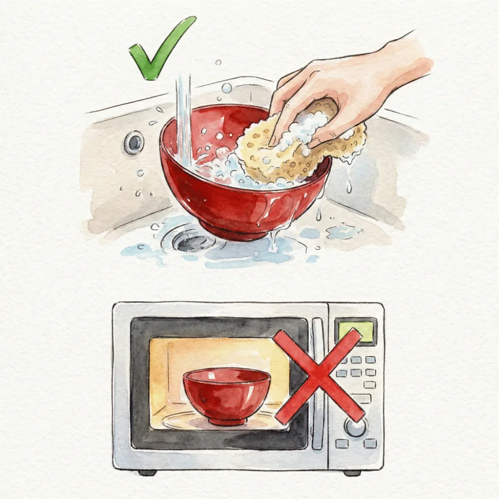 柔らかいスポンジで漆器を洗う手元と、電子レンジに入れてはいけないというNGマークのイラスト
