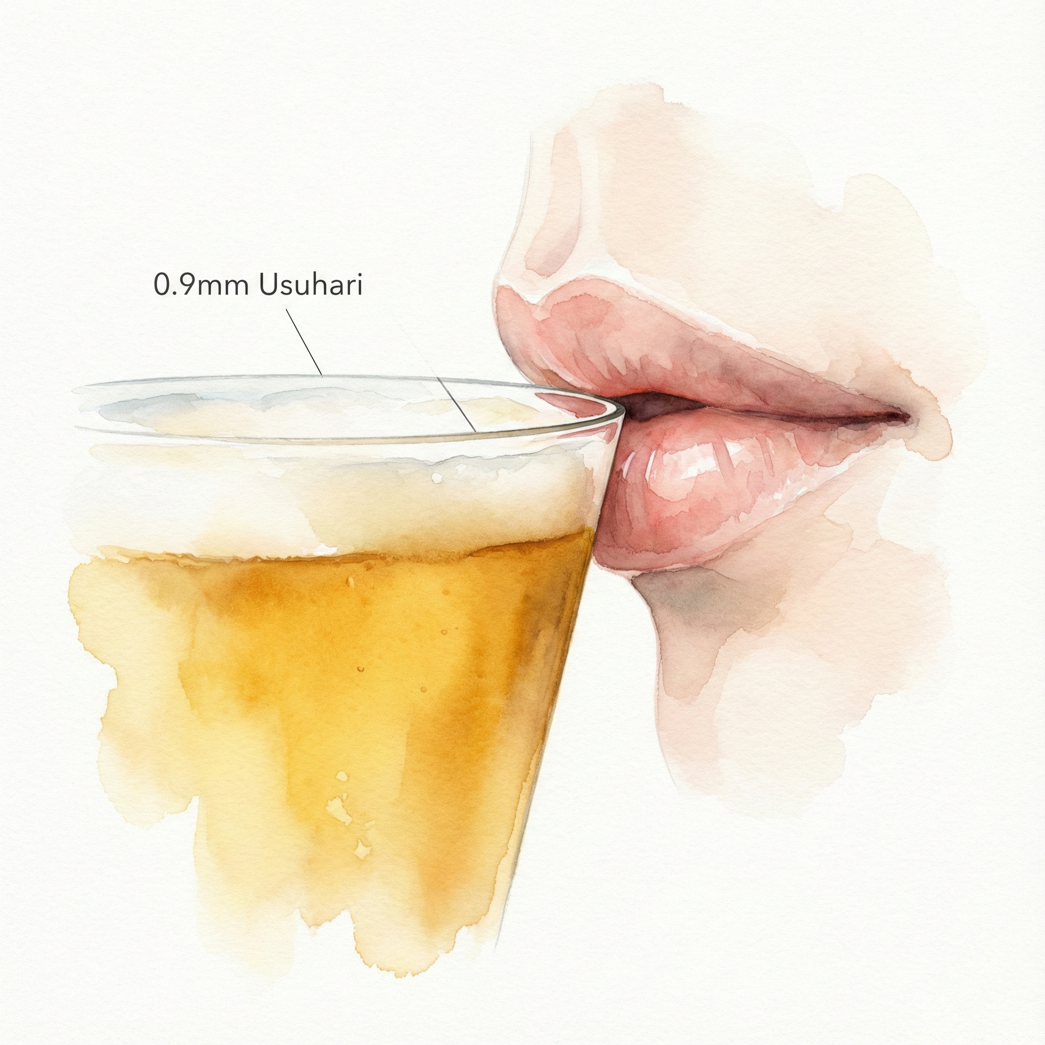 極薄のガラスの縁と唇が触れる瞬間のアップイラスト